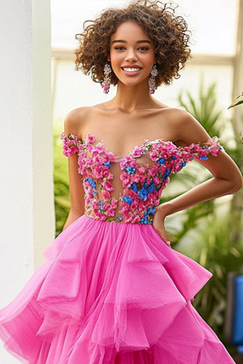 Fuchsia A Line Off the Shoulder Formal Dress with Flowers