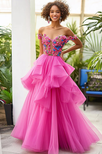 Fuchsia A Line Off the Shoulder Formal Dress with Flowers