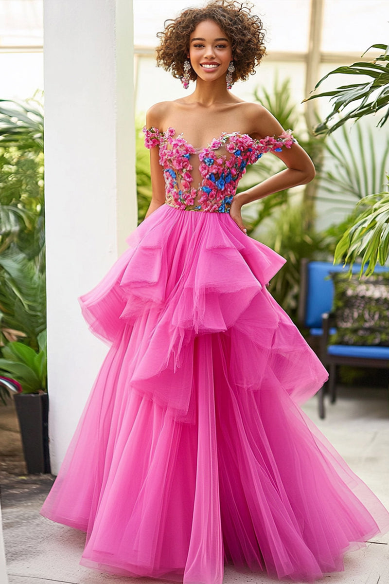 Load image into Gallery viewer, Fuchsia A Line Off the Shoulder Formal Dress with Flowers