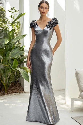 Dark Grey Satin Sheath Long Formal Dress with 3D Flowers