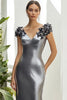 Load image into Gallery viewer, Dark Grey Satin Sheath Long Formal Dress with 3D Flowers