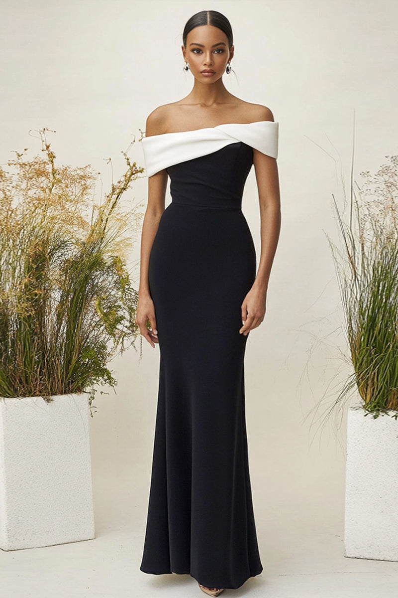 Load image into Gallery viewer, White Black Off the Shoulder Sheath Long Formal Dress