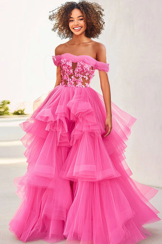 Floral Fuchsia Ball Gown Long Formal Dress with Ruffles