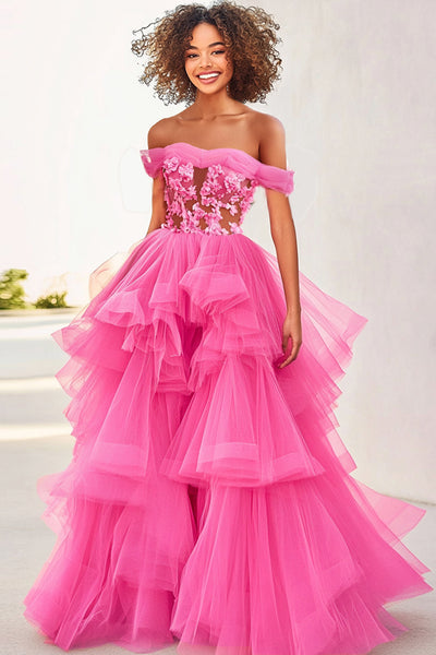 Floral Fuchsia Ball Gown Long Formal Dress with Ruffles