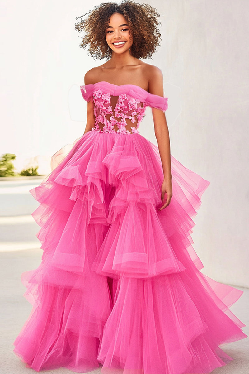 Load image into Gallery viewer, Floral Fuchsia Ball Gown Long Formal Dress with Ruffles