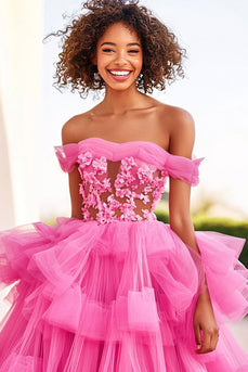 Floral Fuchsia Ball Gown Long Formal Dress with Ruffles