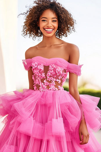 Floral Fuchsia Ball Gown Long Formal Dress with Ruffles