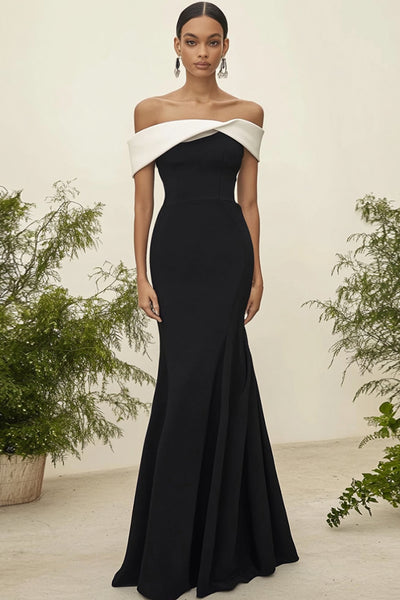 White Black Satin Off the Shoulder Long Formal Dress