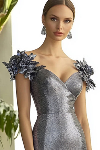 Dark Grey Sheath Long Formal Dress with 3D Flowers