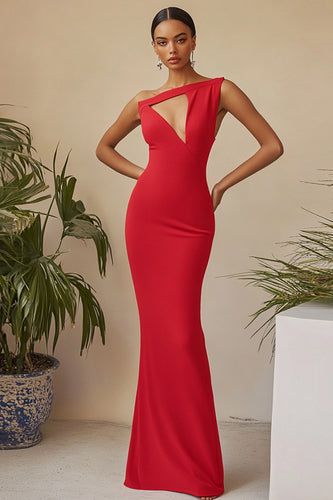 Red One Shoulder Sheath Long Formal Dress