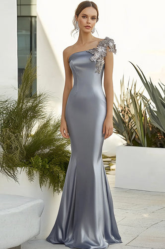 Dark Grey Sheath Satin Long Formal Dress with 3D Flowers