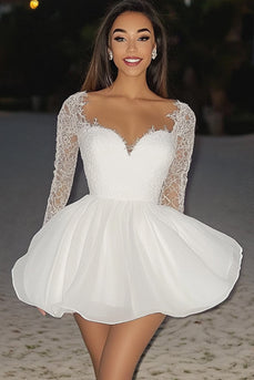 A Line White Short Graduation Dress with Lace Long Sleeves