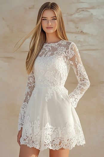 White Lace Embroideried A Line Short Graduation Dress with Long Sleeves