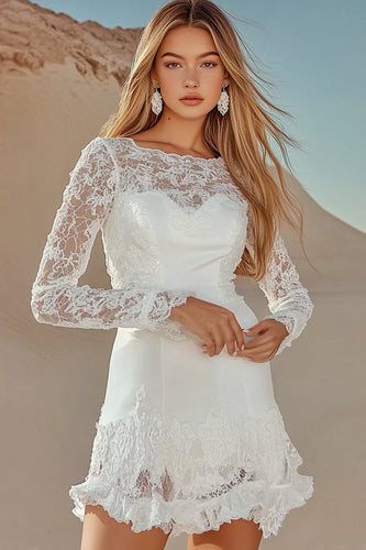 A Line White Lace Boat Neck Mini Graduation Dress