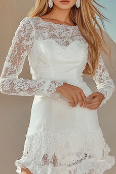 A Line White Lace Boat Neck Mini Graduation Dress