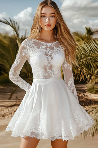 A Line White Lace Long Sleeves Mini Flowy Graduation Dress