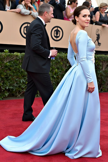 Floral Blue V-Neck A Line Gala Dress with Long Sleeves