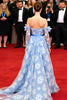 Load image into Gallery viewer, A Line Blue Flower Strapless Tulle Long Gala Dress