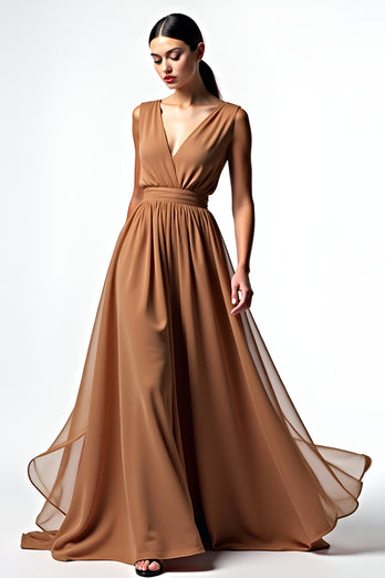 Brown V-Neck Chiffon A Line Long Formal Dress