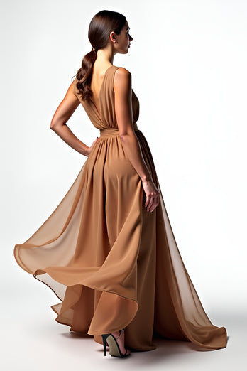 Brown V-Neck Chiffon A Line Long Formal Dress