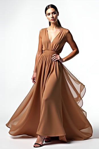 Brown V-Neck Chiffon A Line Long Formal Dress