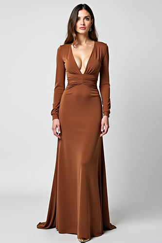 Caramel V-Neck Sheath Gala Dress with Long Sleeves