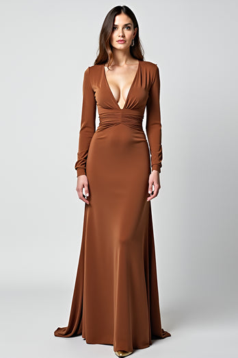 Caramel V-Neck Sheath Gala Dress with Long Sleeves