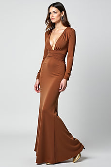 Caramel V-Neck Sheath Gala Dress with Long Sleeves