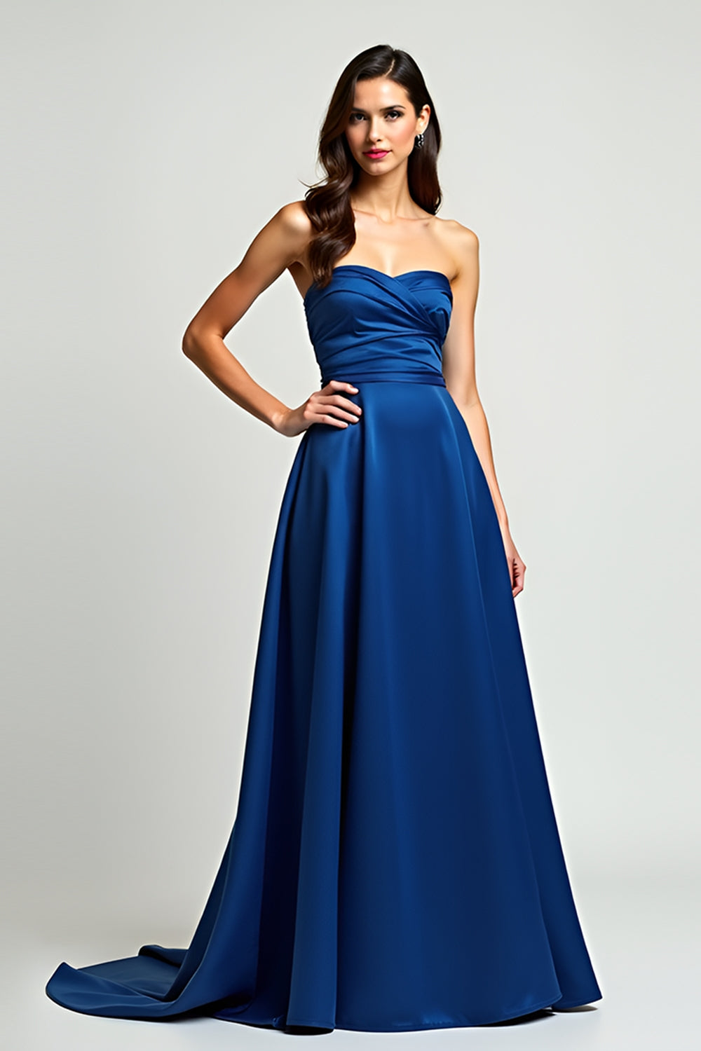 Navy Strapless Satin A Line Long Formal Dress