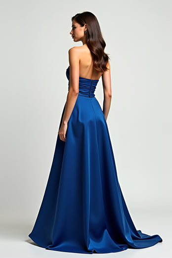 Navy Strapless Satin A Line Long Formal Dress