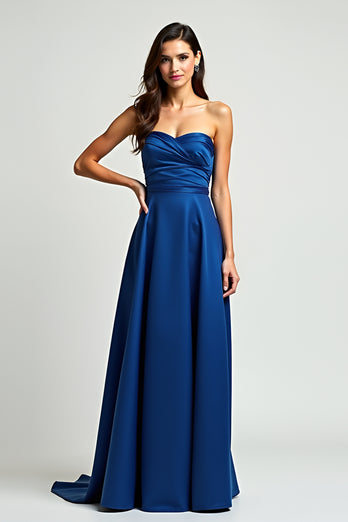 Navy Strapless Satin A Line Long Formal Dress