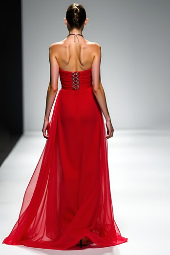 Red Strapless Backless A Line Long Formal Dress