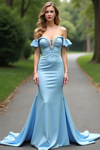 Light Blue Off the Shoulder Satin Formal Dress with Beading