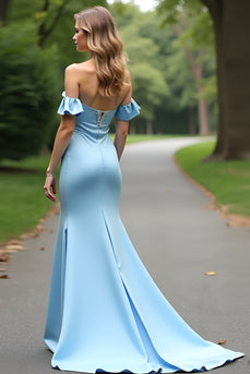 Light Blue Off the Shoulder Satin Formal Dress with Beading