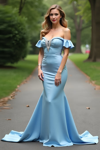 Light Blue Off the Shoulder Satin Formal Dress with Beading