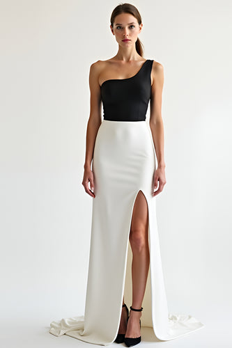 Black White One Shoulder Satin Long Formal Dress with Slit