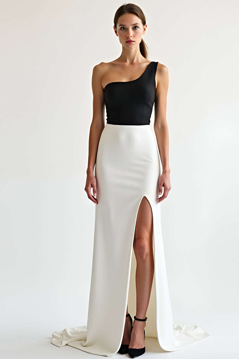 Load image into Gallery viewer, Black White One Shoulder Satin Long Formal Dress with Slit