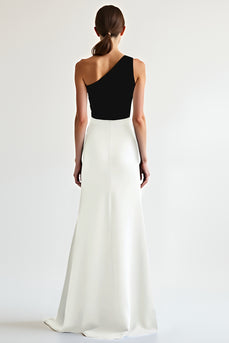 Black White One Shoulder Satin Long Formal Dress with Slit