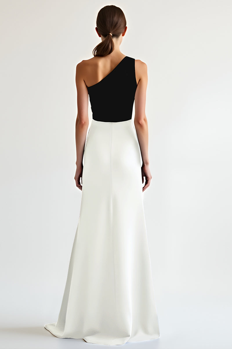 Load image into Gallery viewer, Black White One Shoulder Satin Long Formal Dress with Slit