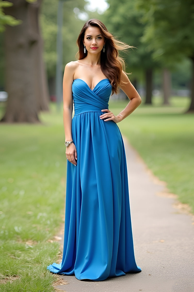 Load image into Gallery viewer, Dark Blue Strapless Ruched Satin Long Formal Dress