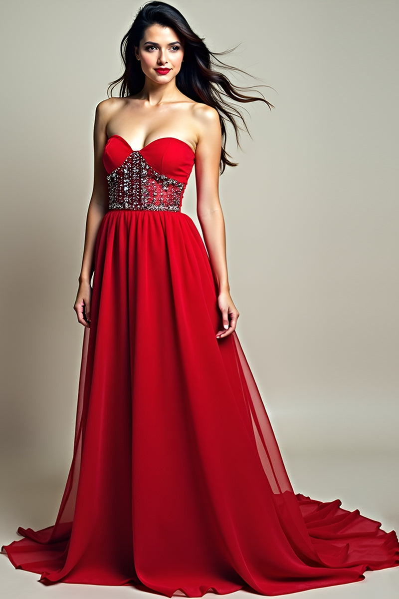 Load image into Gallery viewer, Sparkly Red Strapless A Line Long Formal Dress with Beading