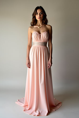 Sparkly Blush Strapless Long Formal Dress with Beading