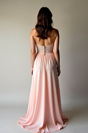 Sparkly Blush Strapless Long Formal Dress with Beading