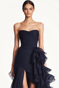 Strapless Navy Sheath Formal Dress with Ruffled Slit