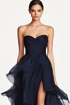 Sweetheart Navy Chiffon Tiered Long Formal Dress with Slit