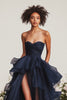 Load image into Gallery viewer, Navy Strapless Ruched Tiered Long Formal Dress with Slit