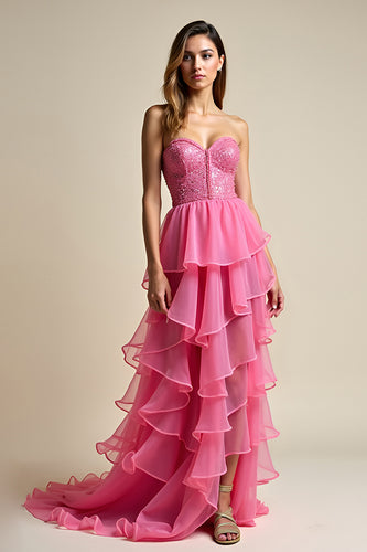 Ruffled Coral Tiered Sweetheart Long Prom Dress