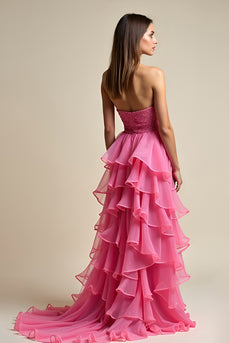 Ruffled Coral Tiered Sweetheart Long Prom Dress