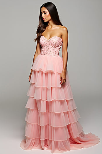 Sweetheart Blush Tiered Floral Long Prom Dress with Slit