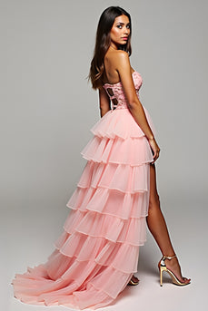 Sweetheart Blush Tiered Floral Long Prom Dress with Slit